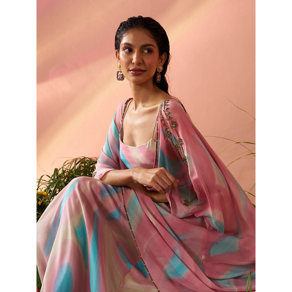 Rukinder Kumar Multi-Colour Dye-Print Cape with Dress (Set of 2)