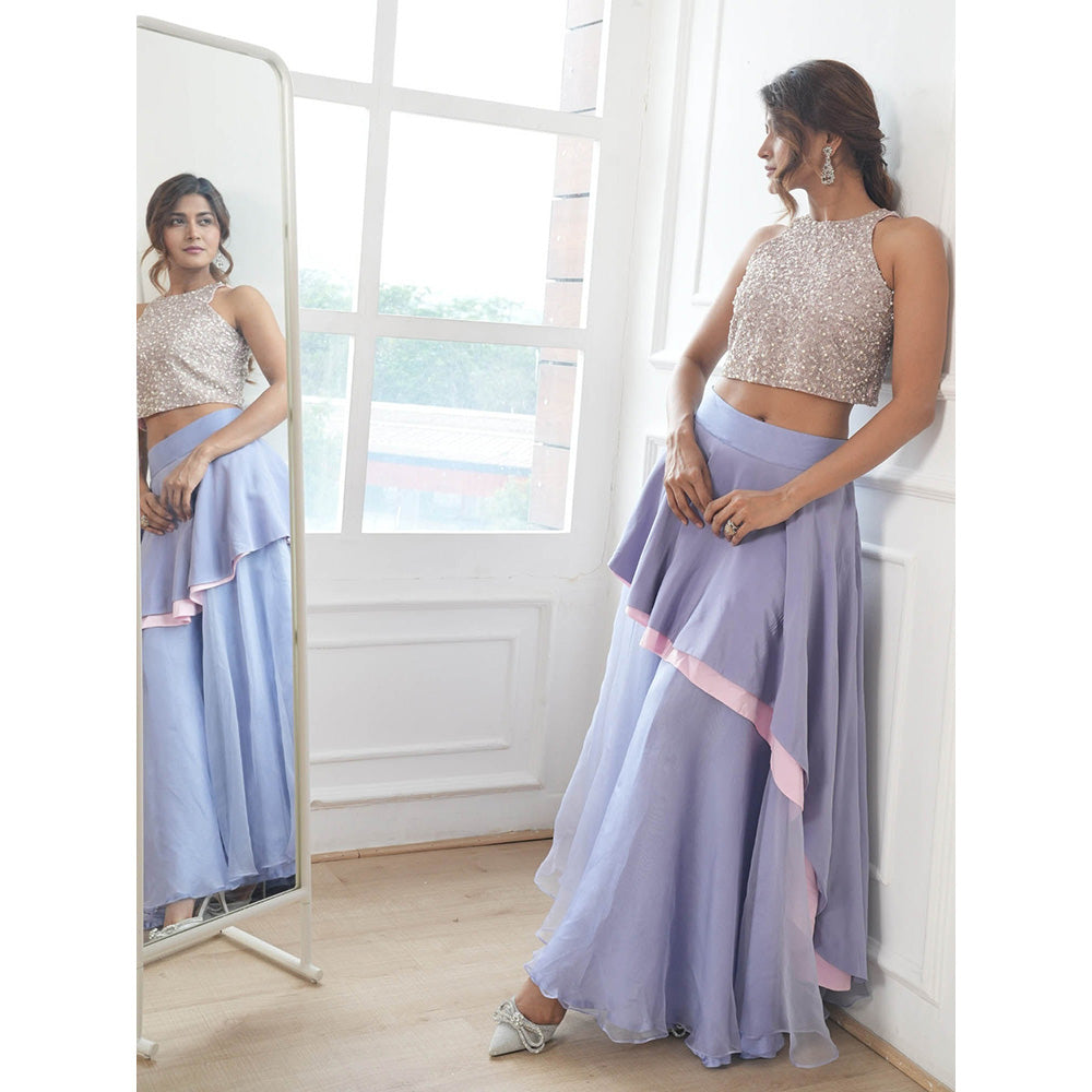 Rukinder Kumar Purple Sequenced Top with Layered Skirt (Set of 2)