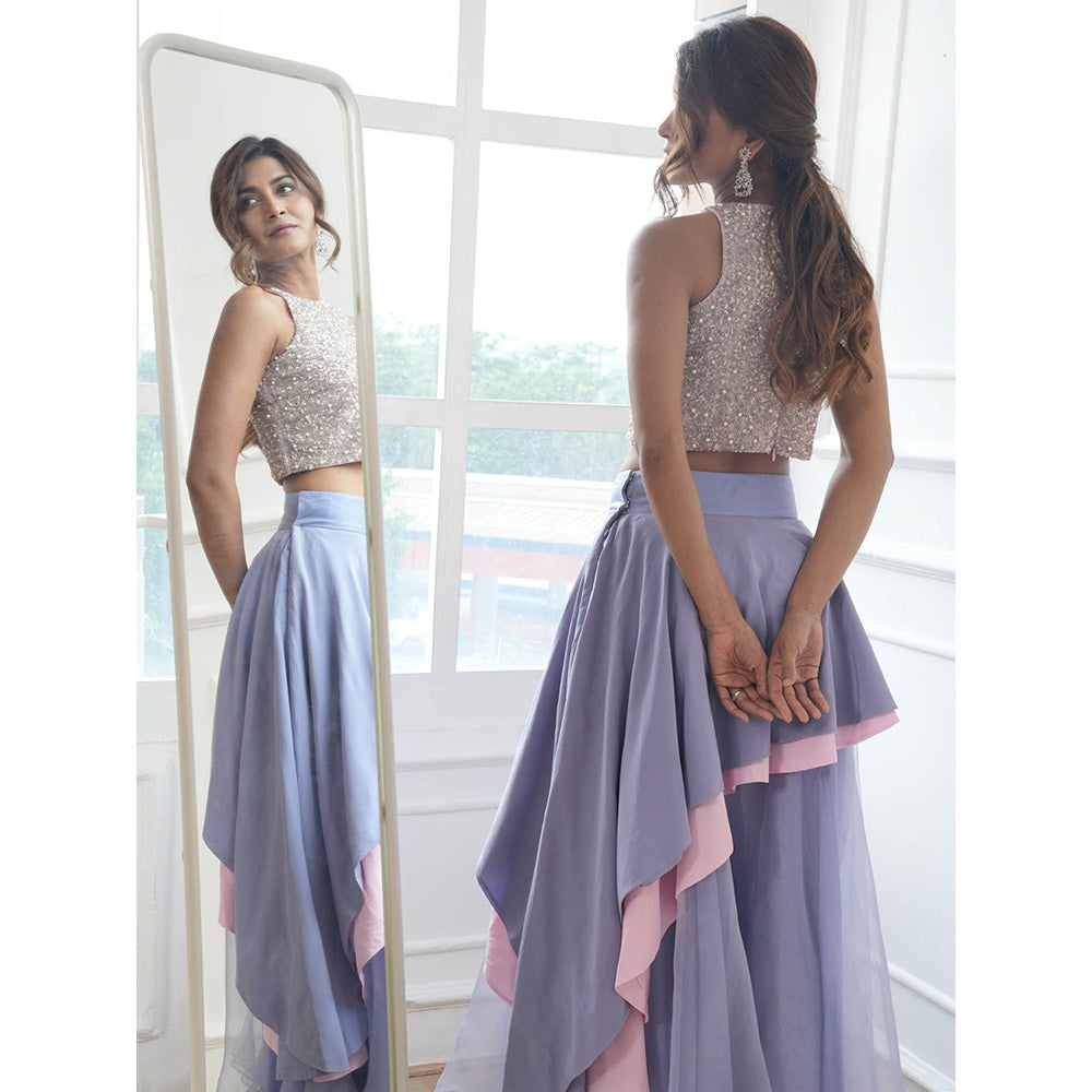 Rukinder Kumar Purple Sequenced Top with Layered Skirt (Set of 2)