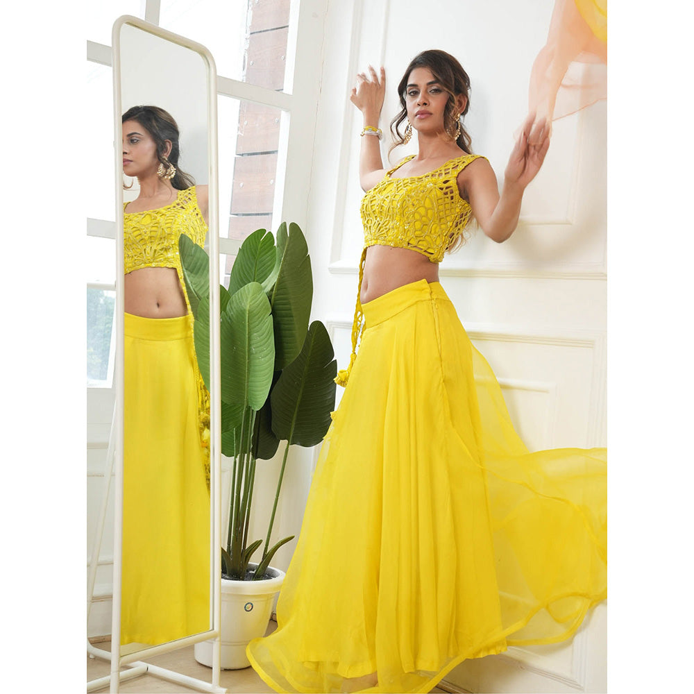 Rukinder Kumar Lime Yellow Cut-Work Lehenga with Blouse and Dupatta (Set of 3)