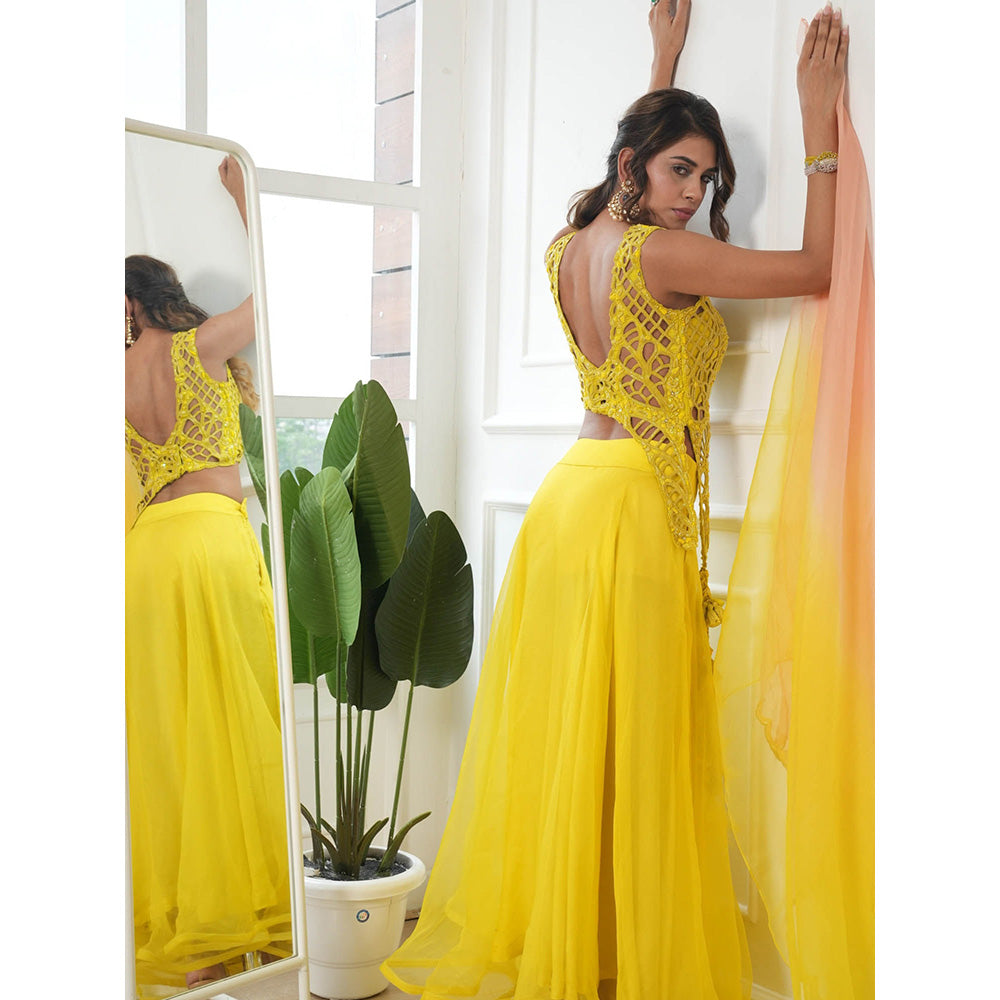 Rukinder Kumar Lime Yellow Cut-Work Lehenga with Blouse and Dupatta (Set of 3)