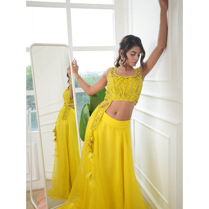 Rukinder Kumar Lime Yellow Cut-Work Lehenga with Blouse and Dupatta (Set of 3)