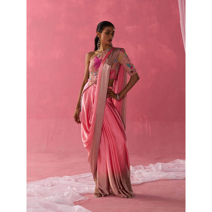 Rukinder Kumar Pink Sunset Glamour Draped Saree with Stitched Blouse