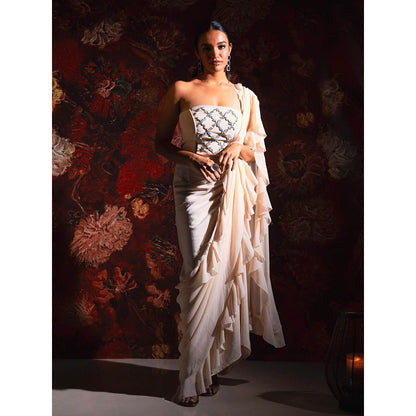 Rukinder Kumar Ivory Cascade Draped Saree with Stitched Blouse