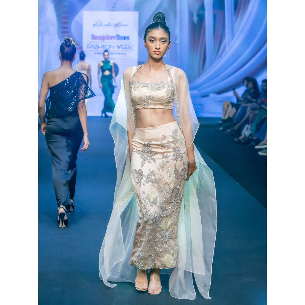 Rukinder Kumar Cream Skin Cape with Blouse and Skirt (Set of 3)