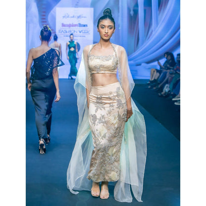 Rukinder Kumar Cream Skin Cape with Blouse and Skirt (Set of 3)