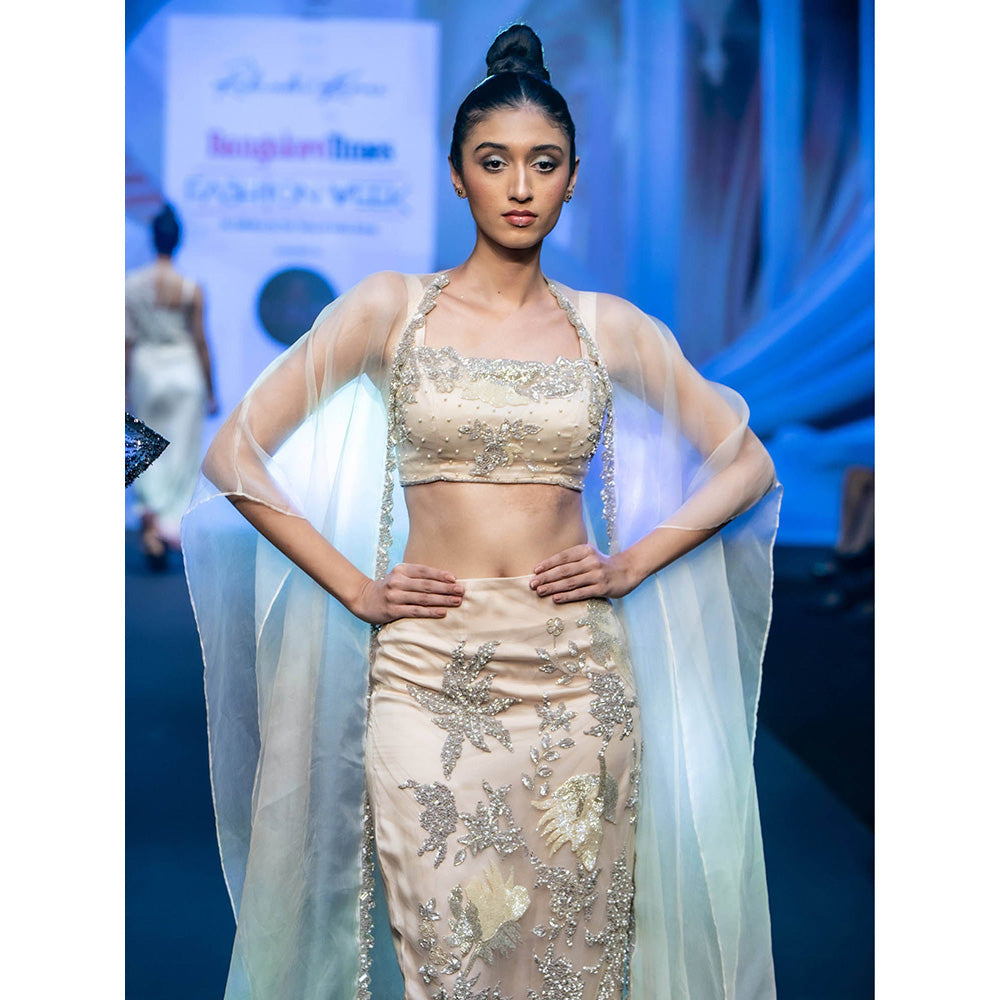 Rukinder Kumar Cream Skin Cape with Blouse and Skirt (Set of 3)