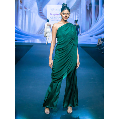 Rukinder Kumar Forest Green Jumpsuit with Cape (Set of 2)