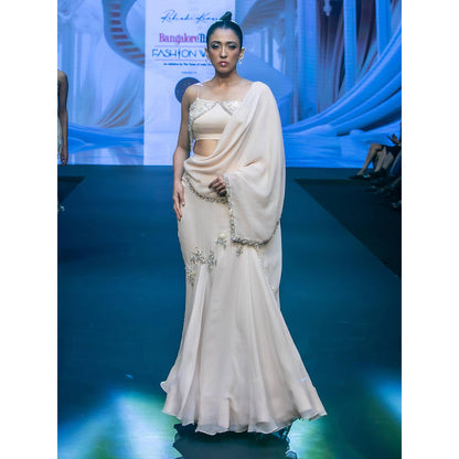 Rukinder Kumar Ivory Skirt Style Pre Drape Saree with Stitched Blouse