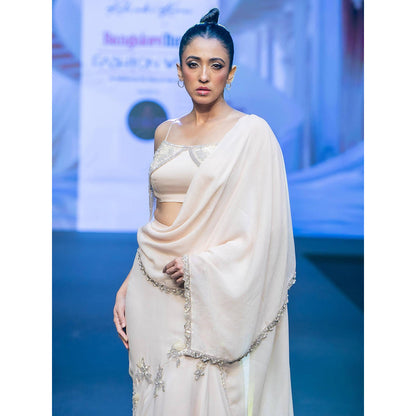 Rukinder Kumar Ivory Skirt Style Pre Drape Saree with Stitched Blouse