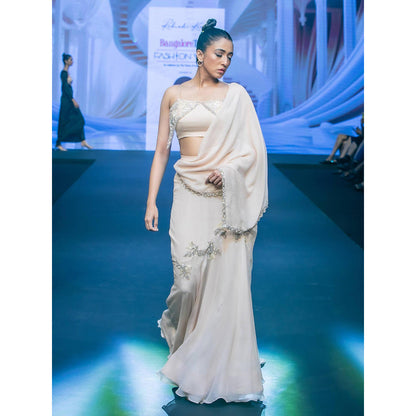Rukinder Kumar Ivory Skirt Style Pre Drape Saree with Stitched Blouse