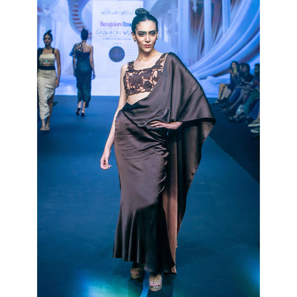 Rukinder Kumar Coco Summer Chocolate Cutwork Pre Drape Saree with Stitched Blouse