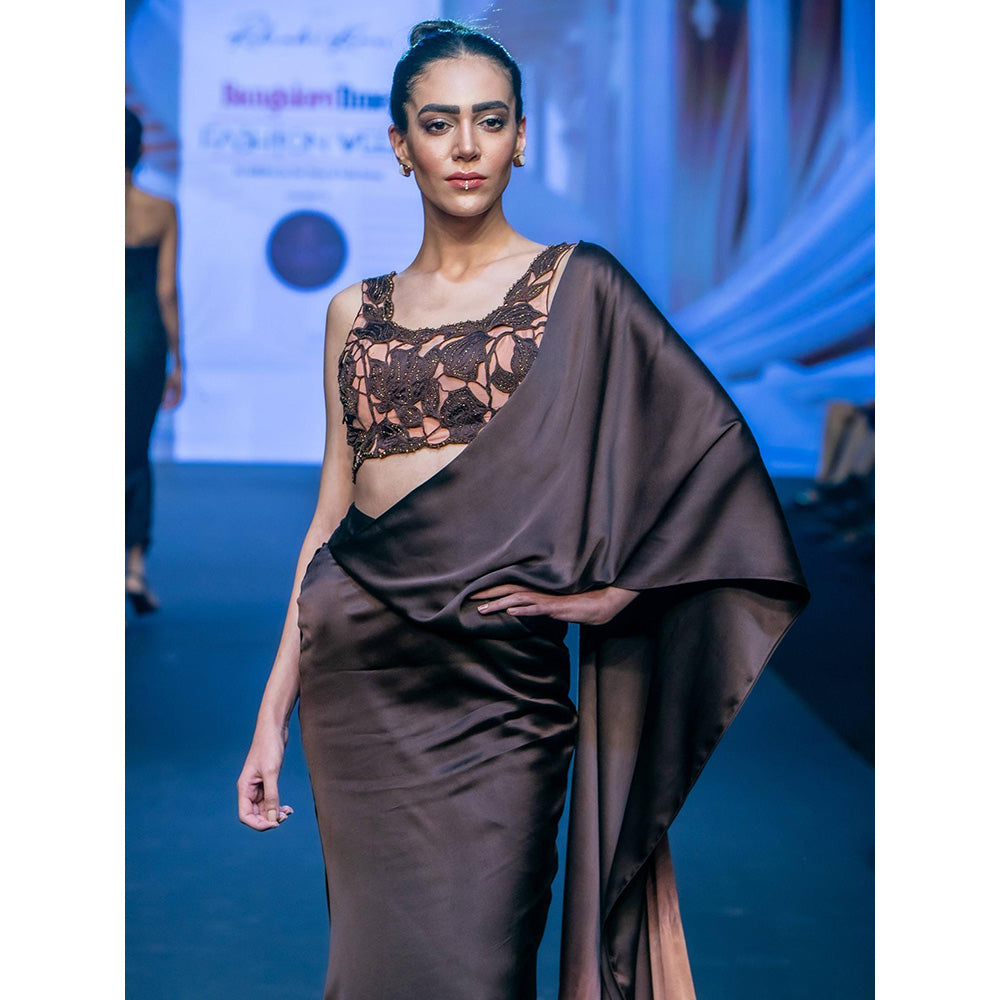 Rukinder Kumar Coco Summer Chocolate Cutwork Pre Drape Saree with Stitched Blouse