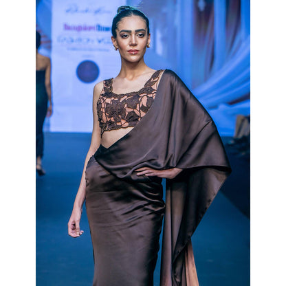 Rukinder Kumar Coco Summer Chocolate Cutwork Pre Drape Saree with Stitched Blouse