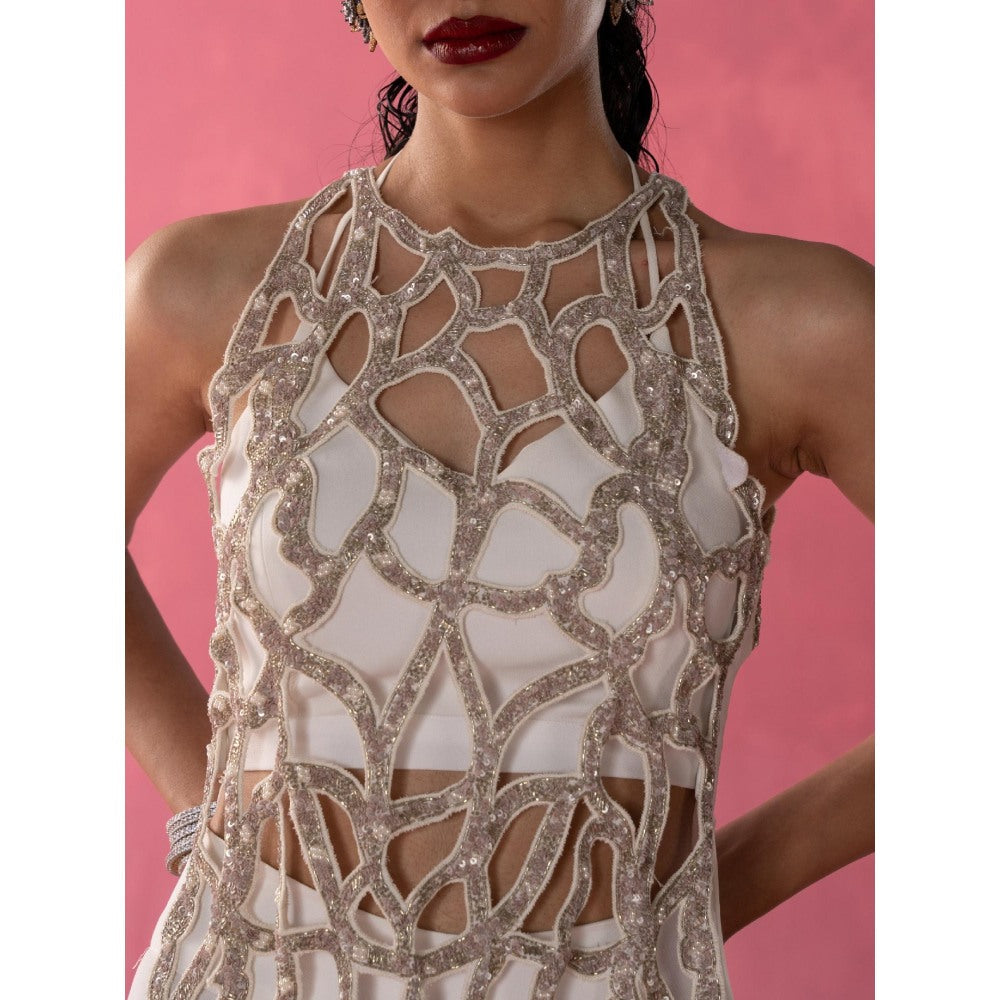 Rukinder Kumar Ivory Embellished Sequins Bralette with Kurta and Sharara (Set of 3)
