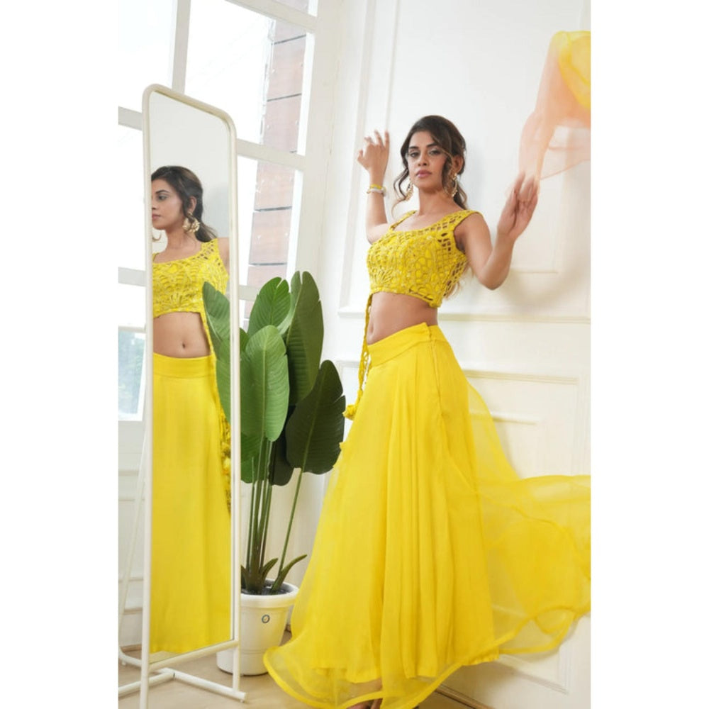 Rukinder Kumar Lime Yellow Cut-Work Blouse with Lehenga with Dupatta