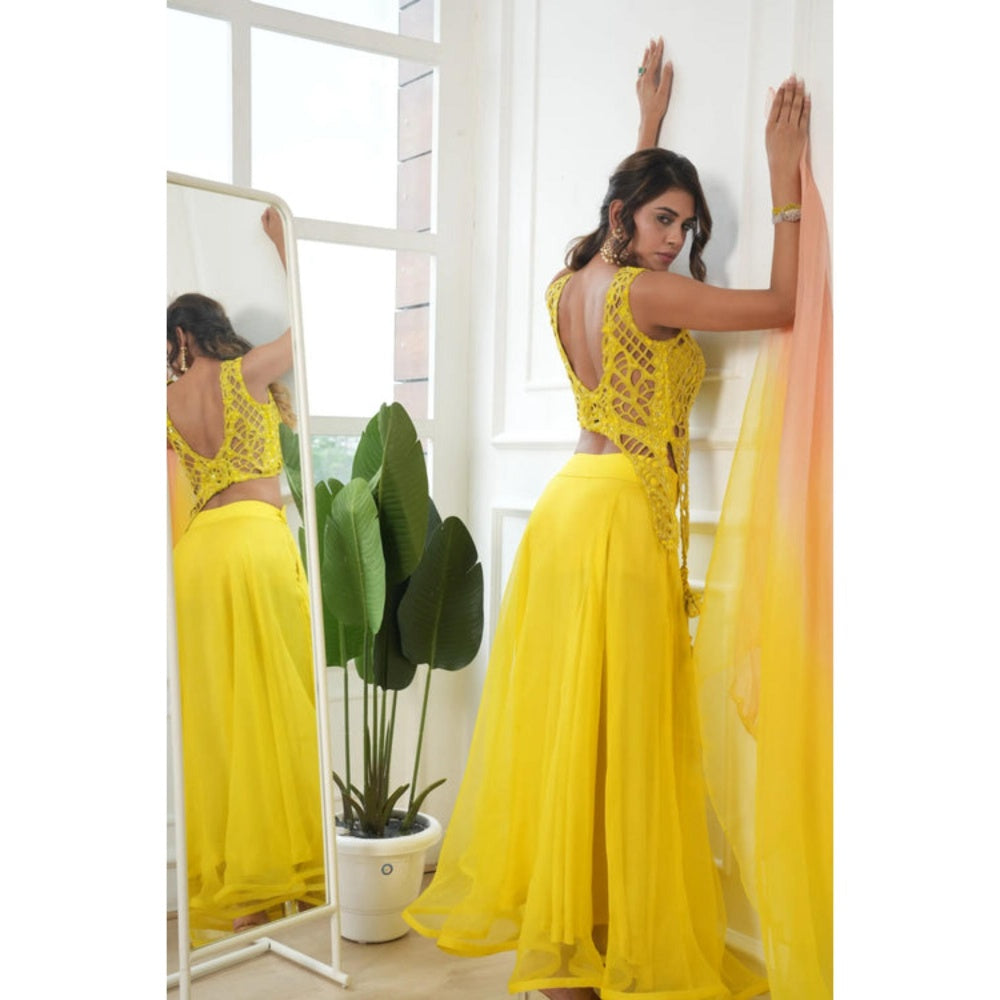 Rukinder Kumar Lime Yellow Cut-Work Blouse with Lehenga with Dupatta
