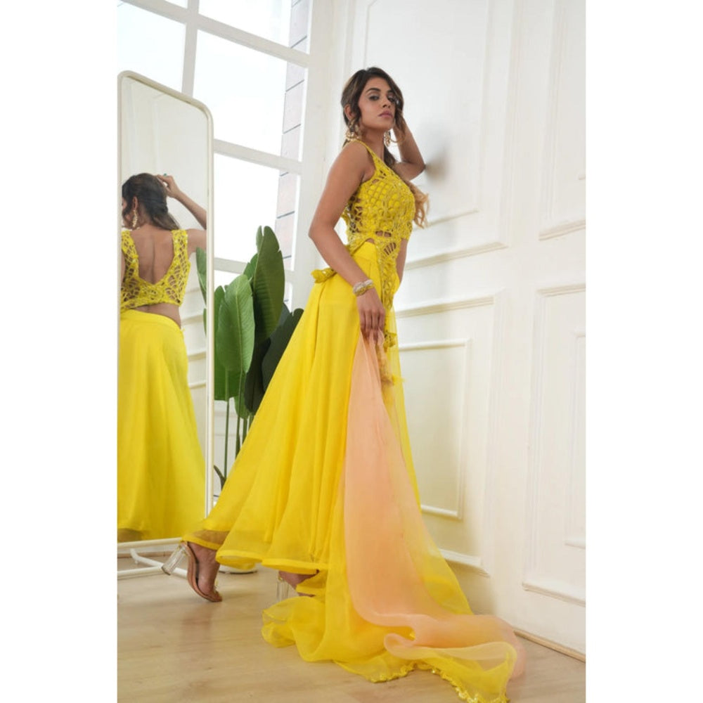 Rukinder Kumar Lime Yellow Cut-Work Blouse with Lehenga with Dupatta