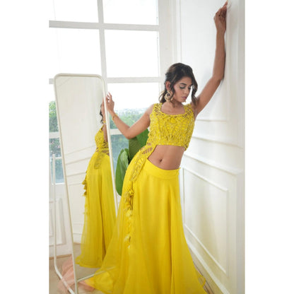 Rukinder Kumar Lime Yellow Cut-Work Blouse with Lehenga with Dupatta