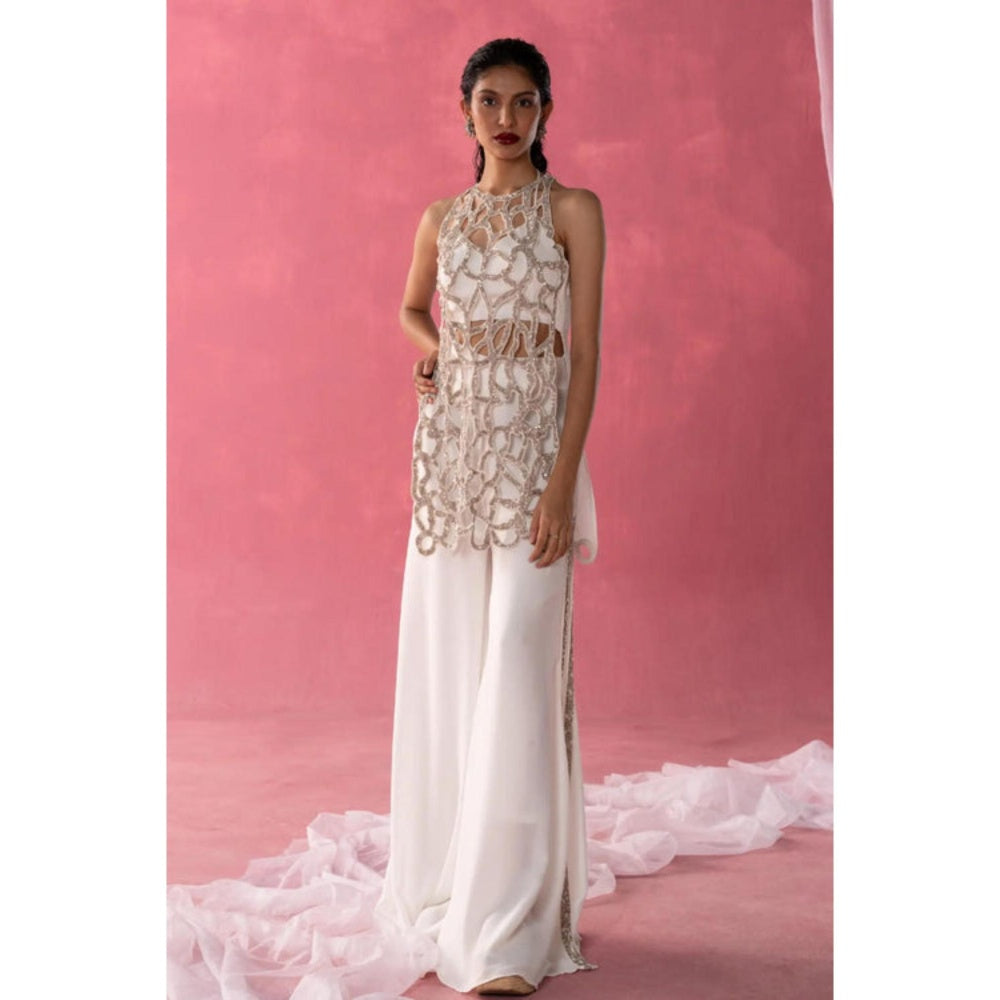 Rukinder Kumar Ivory Sequins Bralette with Top and Sharara