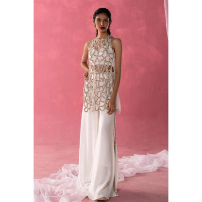 Rukinder Kumar Ivory Sequins Bralette with Top and Sharara
