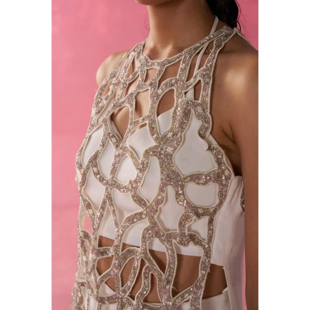 Rukinder Kumar Ivory Sequins Bralette with Top and Sharara