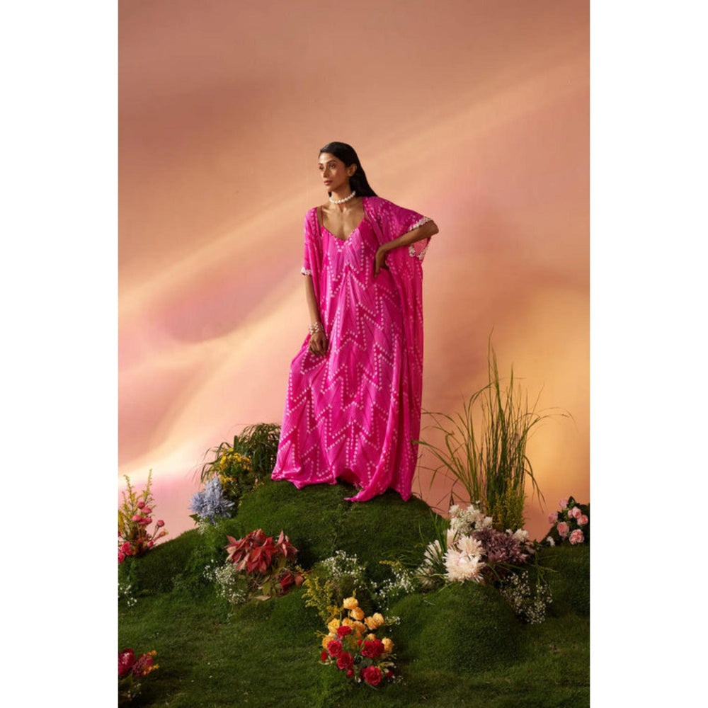 Rukinder Kumar Pink Shibori Cape and Knotted Maxi Dress
