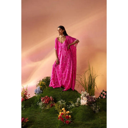 Rukinder Kumar Pink Shibori Cape and Knotted Maxi Dress