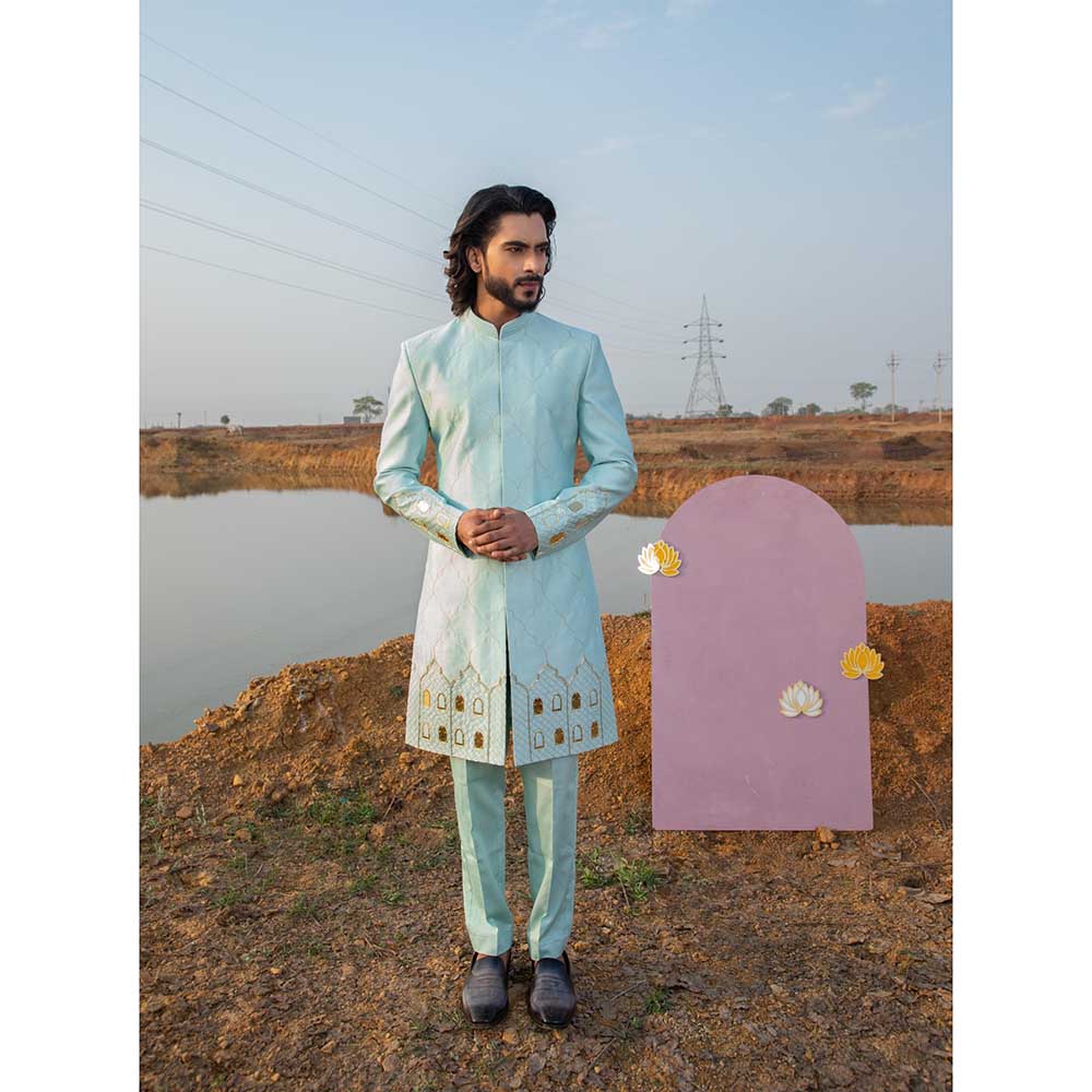 Runit Gupta Cloudy Castle Sherwani with Pant (Set of 2)
