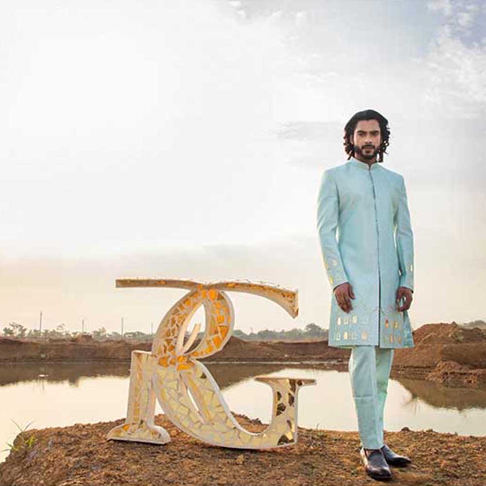 Runit Gupta Cloudy Castle Sherwani with Pant (Set of 2)
