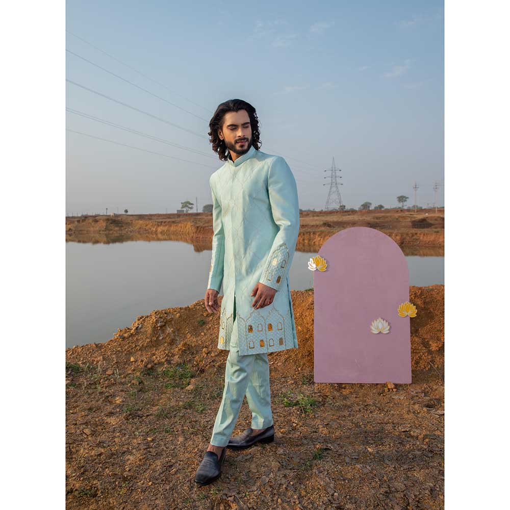 Runit Gupta Cloudy Castle Sherwani with Pant (Set of 2)