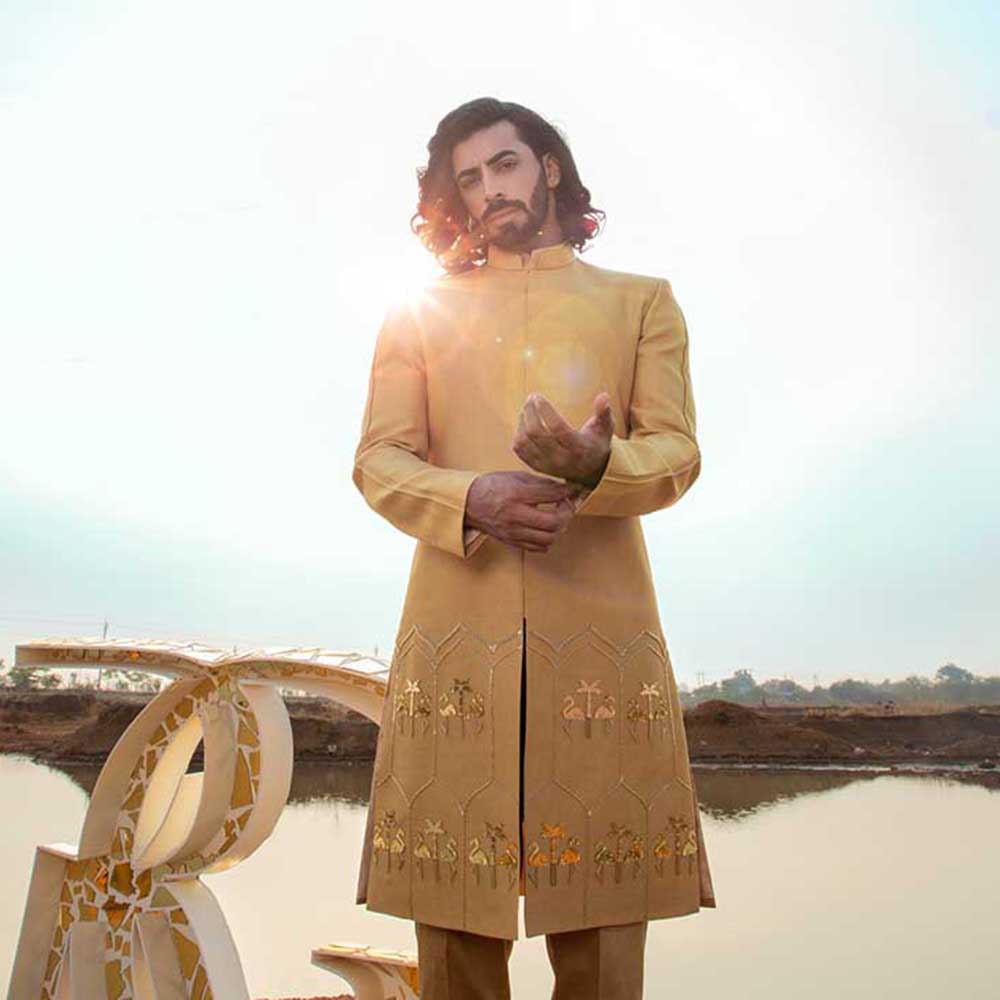 Runit Gupta Golden Glow Flamingo Sherwani with Pant (Set of 2)
