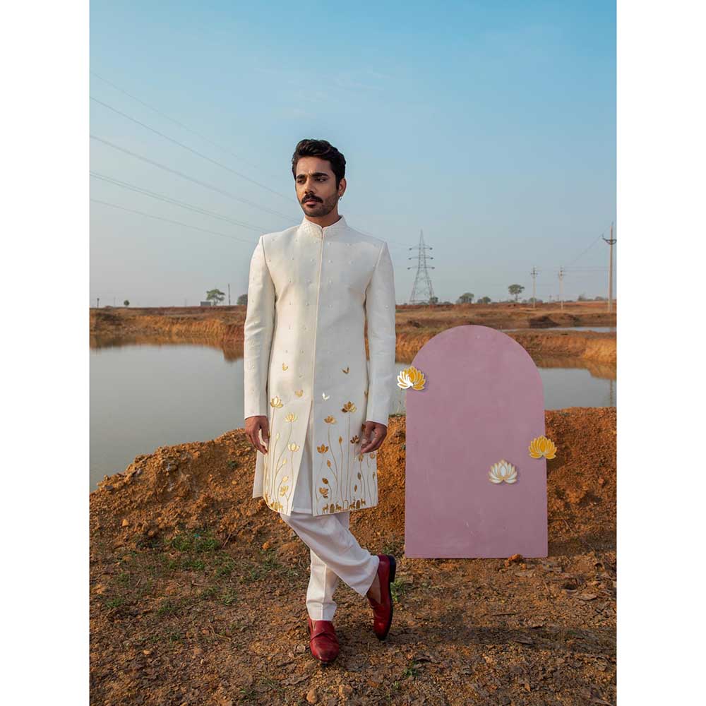 Runit Gupta Ivory Bloom Sherwani with Pant and Kurta (Set of 3)