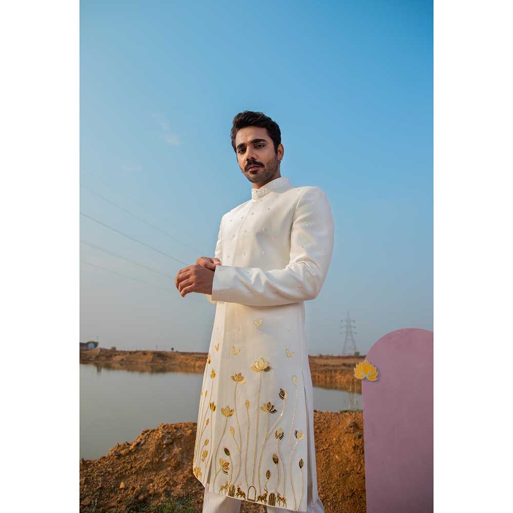 Runit Gupta Ivory Bloom Sherwani with Pant and Kurta (Set of 3)