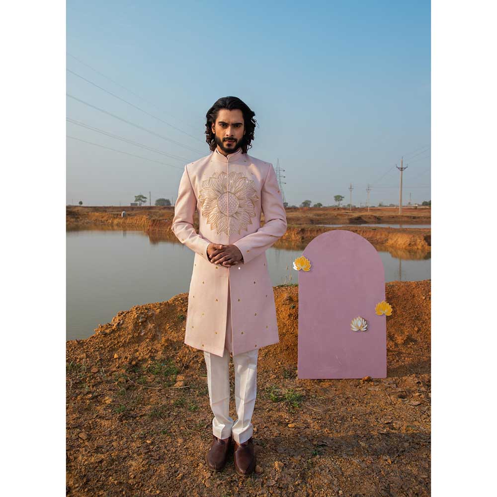 Runit Gupta Summer Pink Sherwani with Kurta and Pant (Set of 3)
