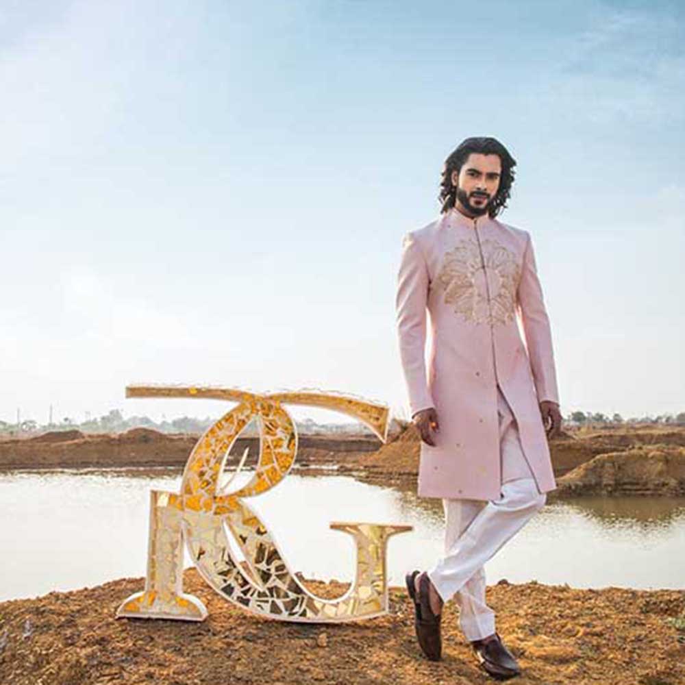 Runit Gupta Summer Pink Sherwani with Kurta and Pant (Set of 3)