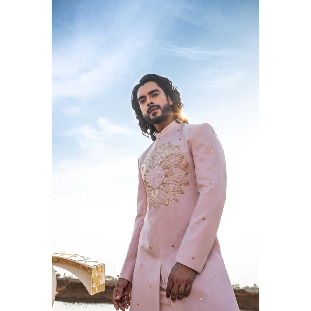 Runit Gupta Summer Pink Sherwani with Kurta and Pant (Set of 3)