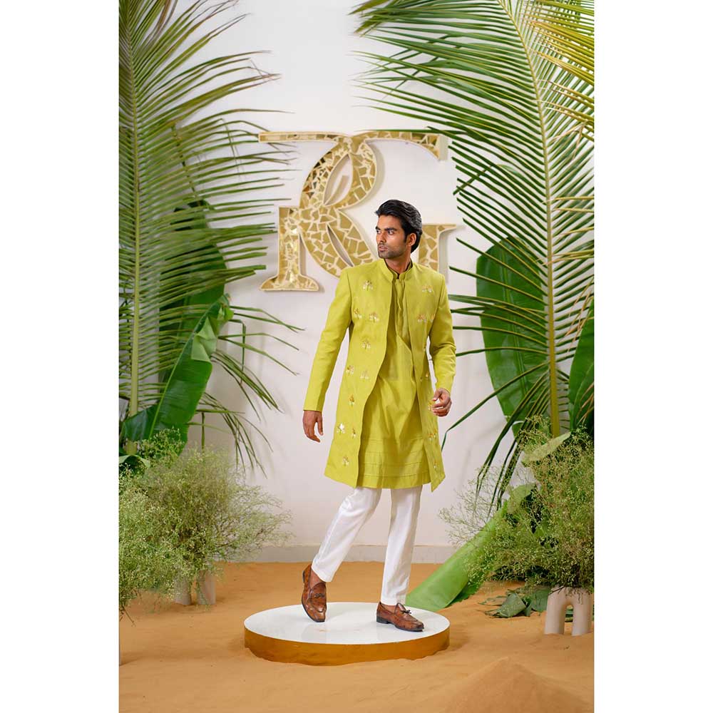 Runit Gupta Green Lotus Embroidered Sherwani with Kurta and Pant (Set of 3)