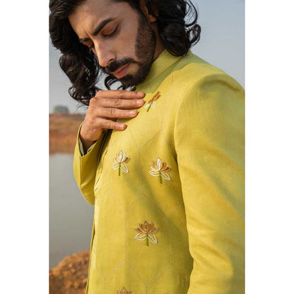 Runit Gupta Green Lotus Embroidered Sherwani with Kurta and Pant (Set of 3)