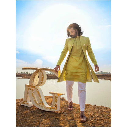 Runit Gupta Green Lotus Embroidered Sherwani with Kurta and Pant (Set of 3)