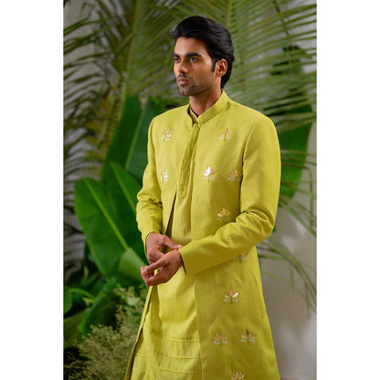 Runit Gupta Green Lotus Embroidered Sherwani with Kurta and Pant (Set of 3)