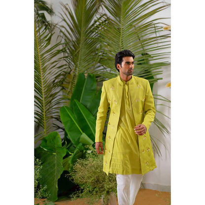 Runit Gupta Green Lotus Embroidered Sherwani with Kurta and Pant (Set of 3)