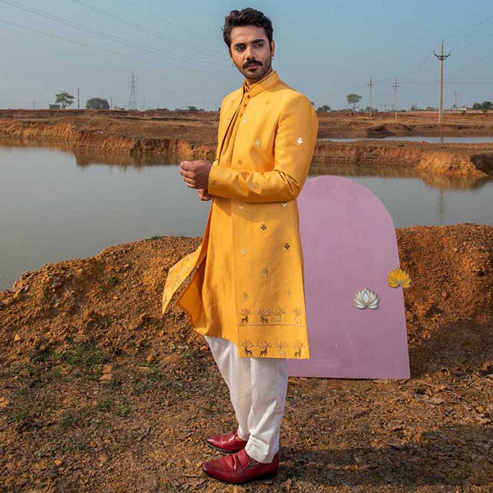 Runit Gupta Ochre Gold Reindeer Sherwani with Kurta and Pant (Set of 3)