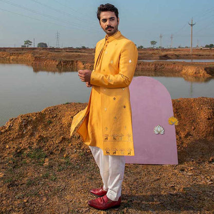 Runit Gupta Ochre Gold Reindeer Sherwani with Kurta and Pant (Set of 3)
