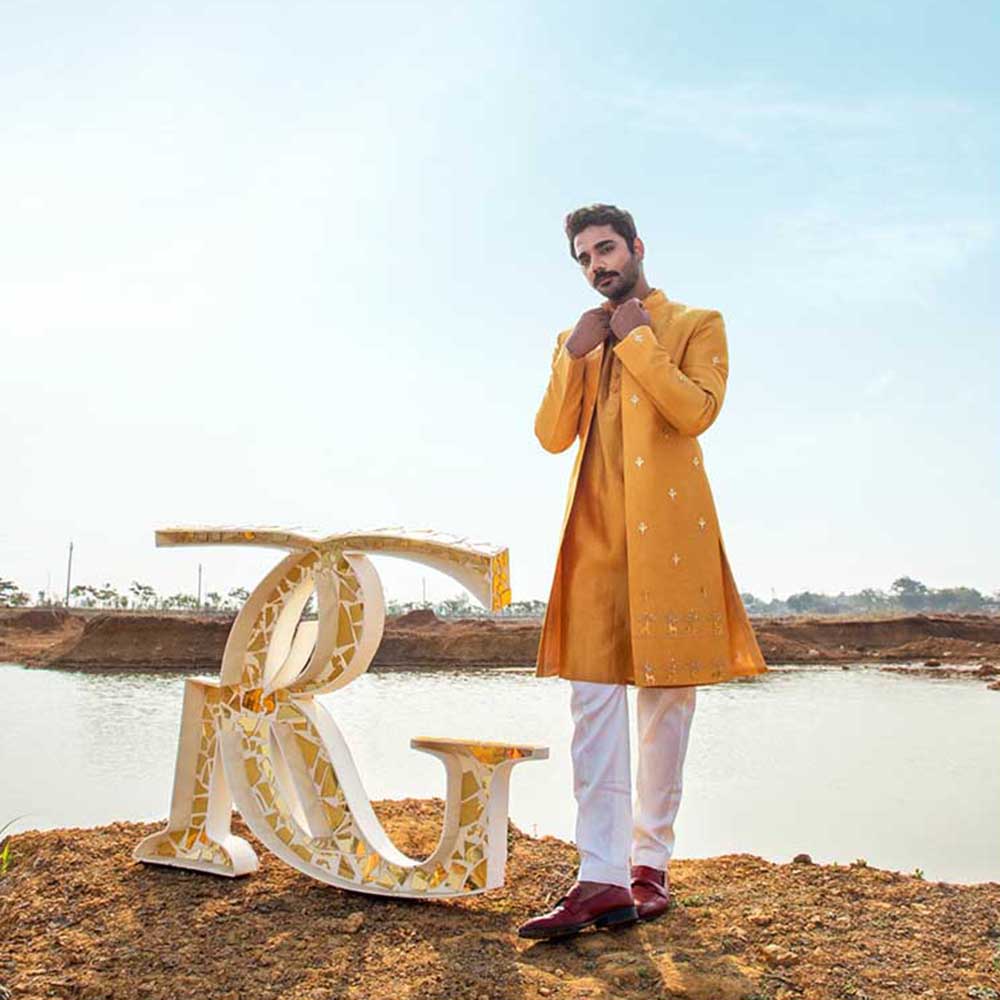 Runit Gupta Ochre Gold Reindeer Sherwani with Kurta and Pant (Set of 3)