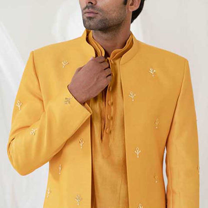 Runit Gupta Ochre Gold Reindeer Sherwani with Kurta and Pant (Set of 3)