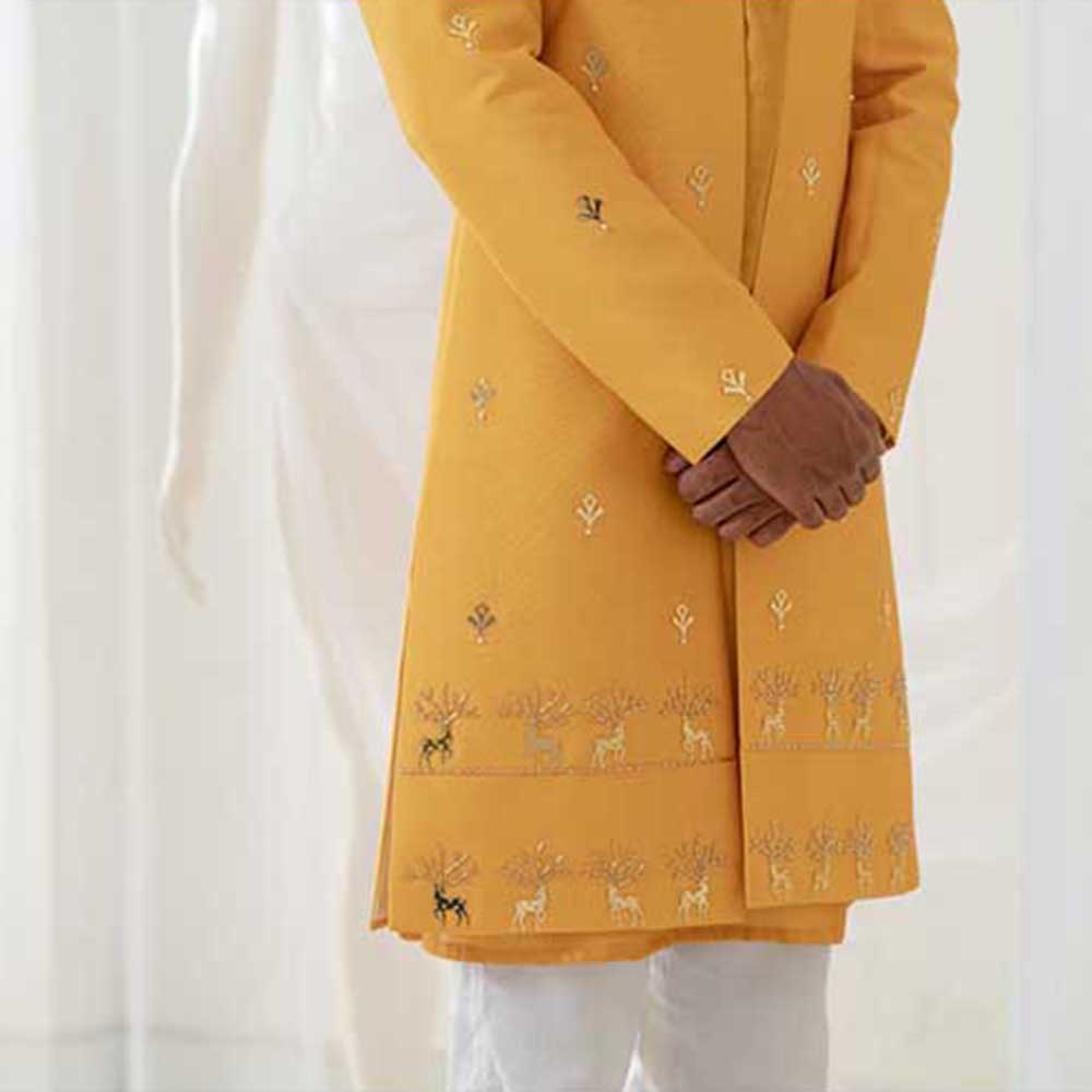 Runit Gupta Ochre Gold Reindeer Sherwani with Kurta and Pant (Set of 3)