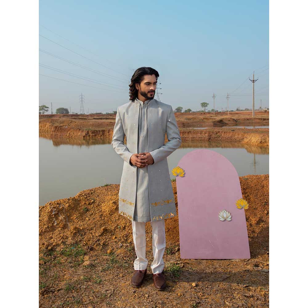 Runit Gupta Smoke Grey Sherwani with Kurta and Pant (Set of 3)