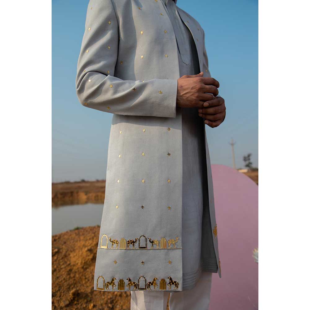 Runit Gupta Smoke Grey Sherwani with Kurta and Pant (Set of 3)