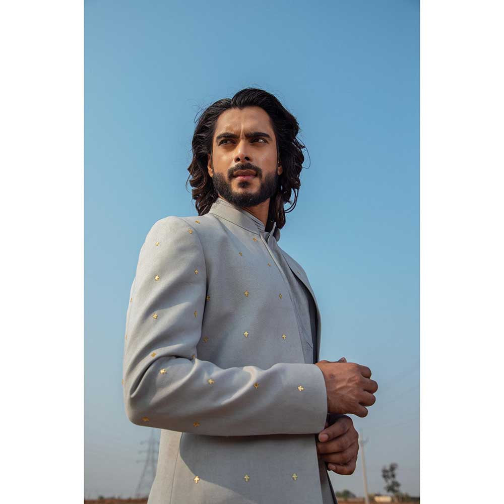 Runit Gupta Smoke Grey Sherwani with Kurta and Pant (Set of 3)